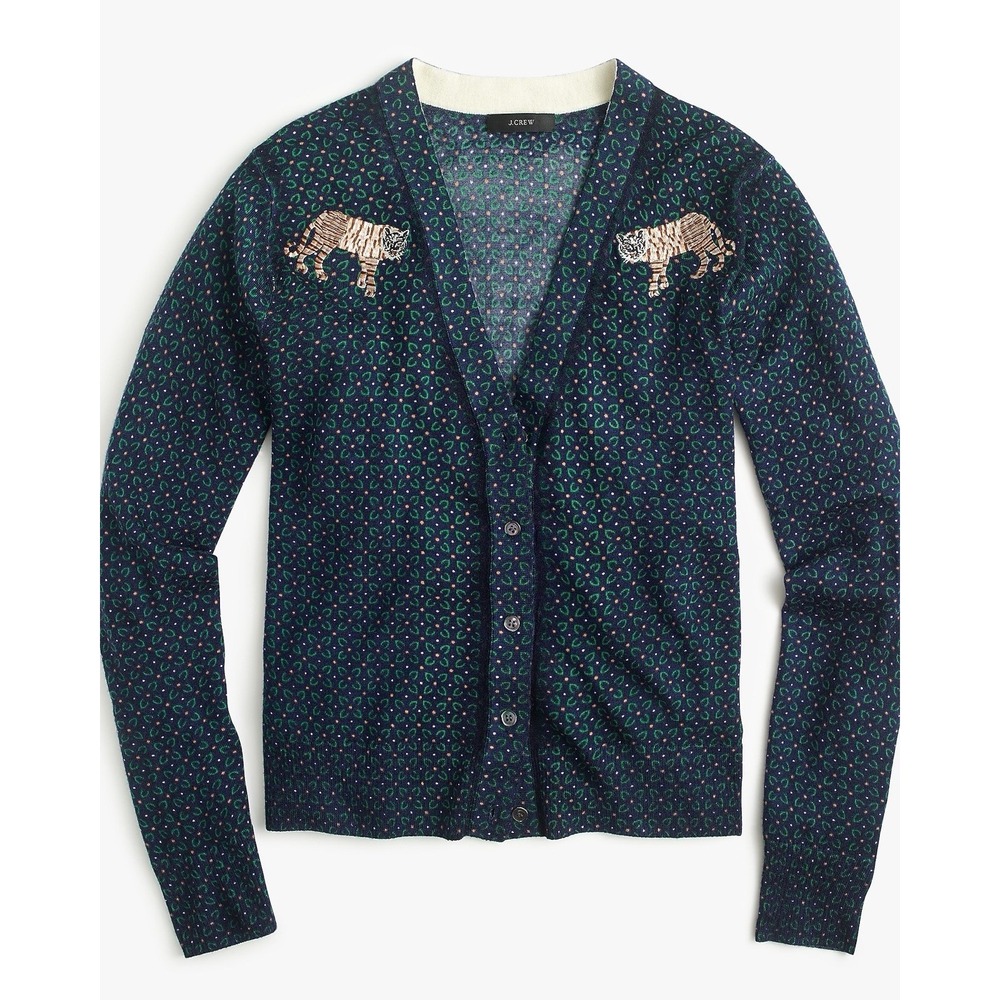J Crew Women's Size Small Merino Wool Mens-y Tiger Patch Cardigan Sweater Navy